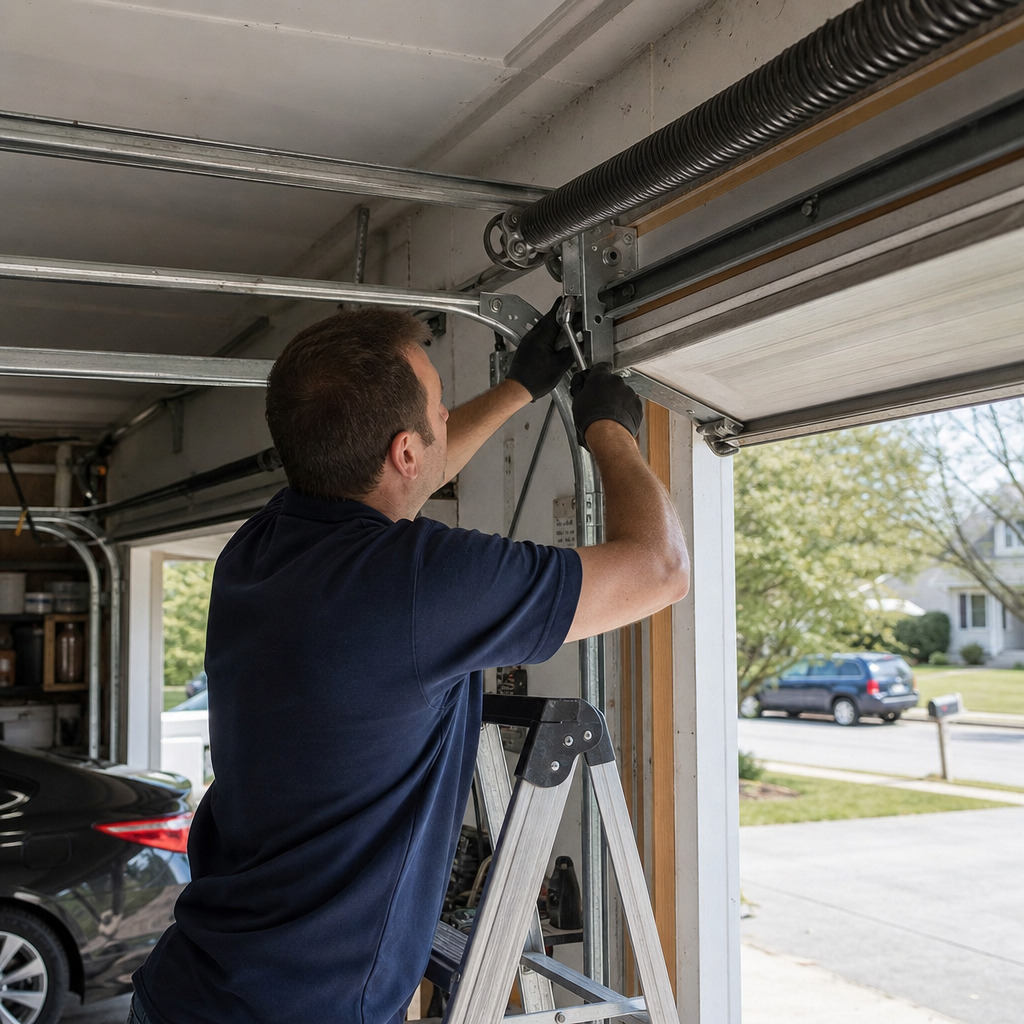 Technician performing emergency garage door spring repair in Maryland, MD