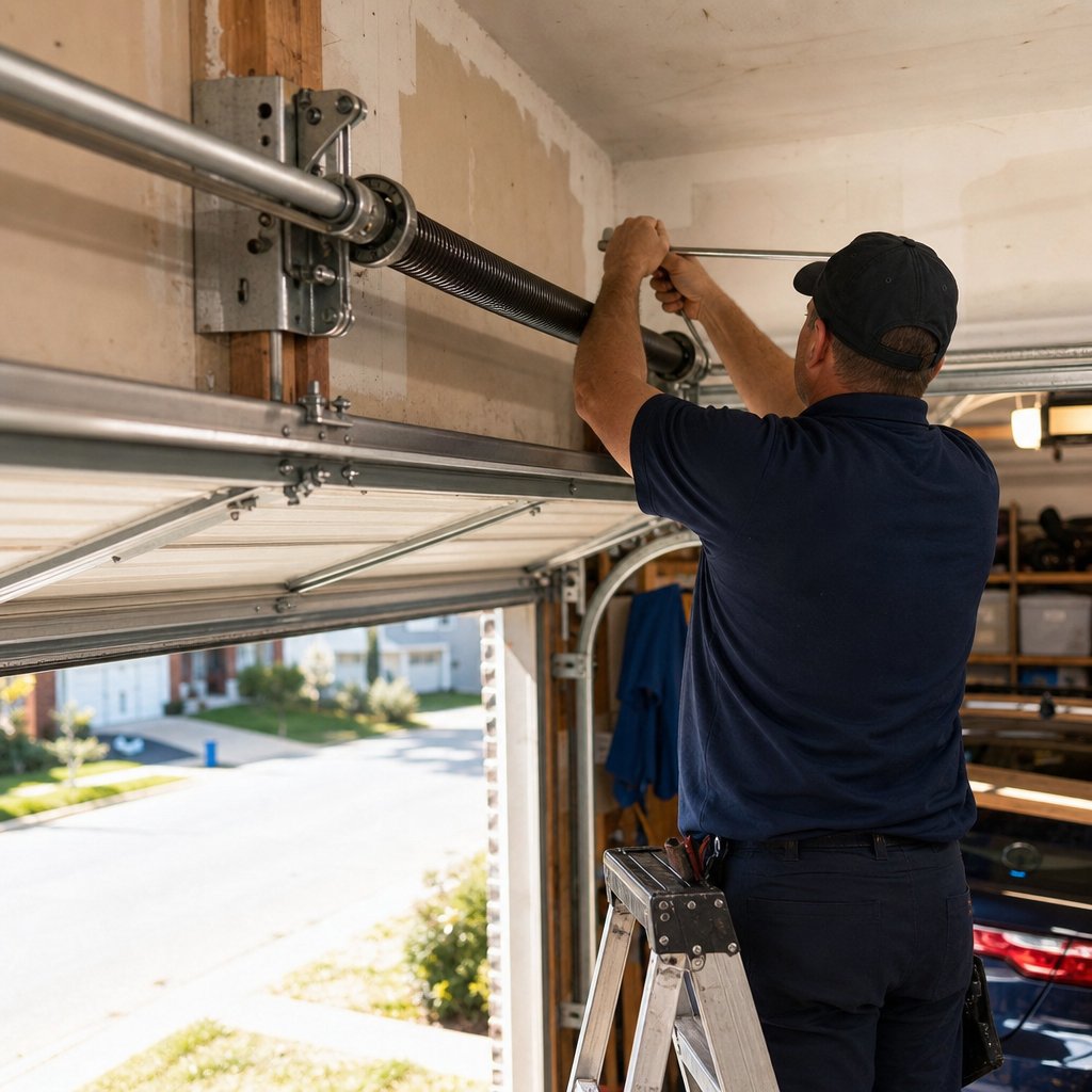 Technician performing emergency residential garage door spring repair in Maryland, MD