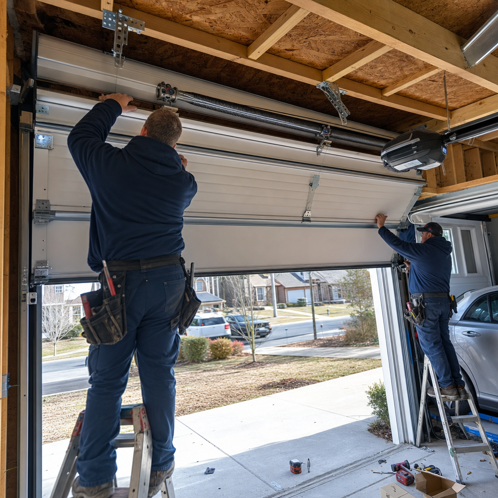 Two professional technicians installing a new residential garage door system.