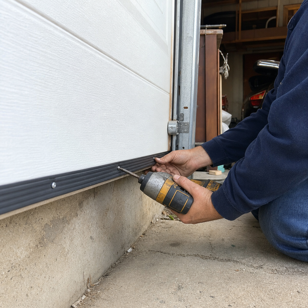 Technician installing new garage door bottom weather seal with power drill