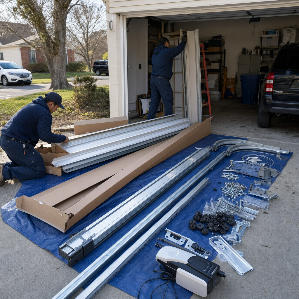 Two technicians installing a new garage door system on a driveway.