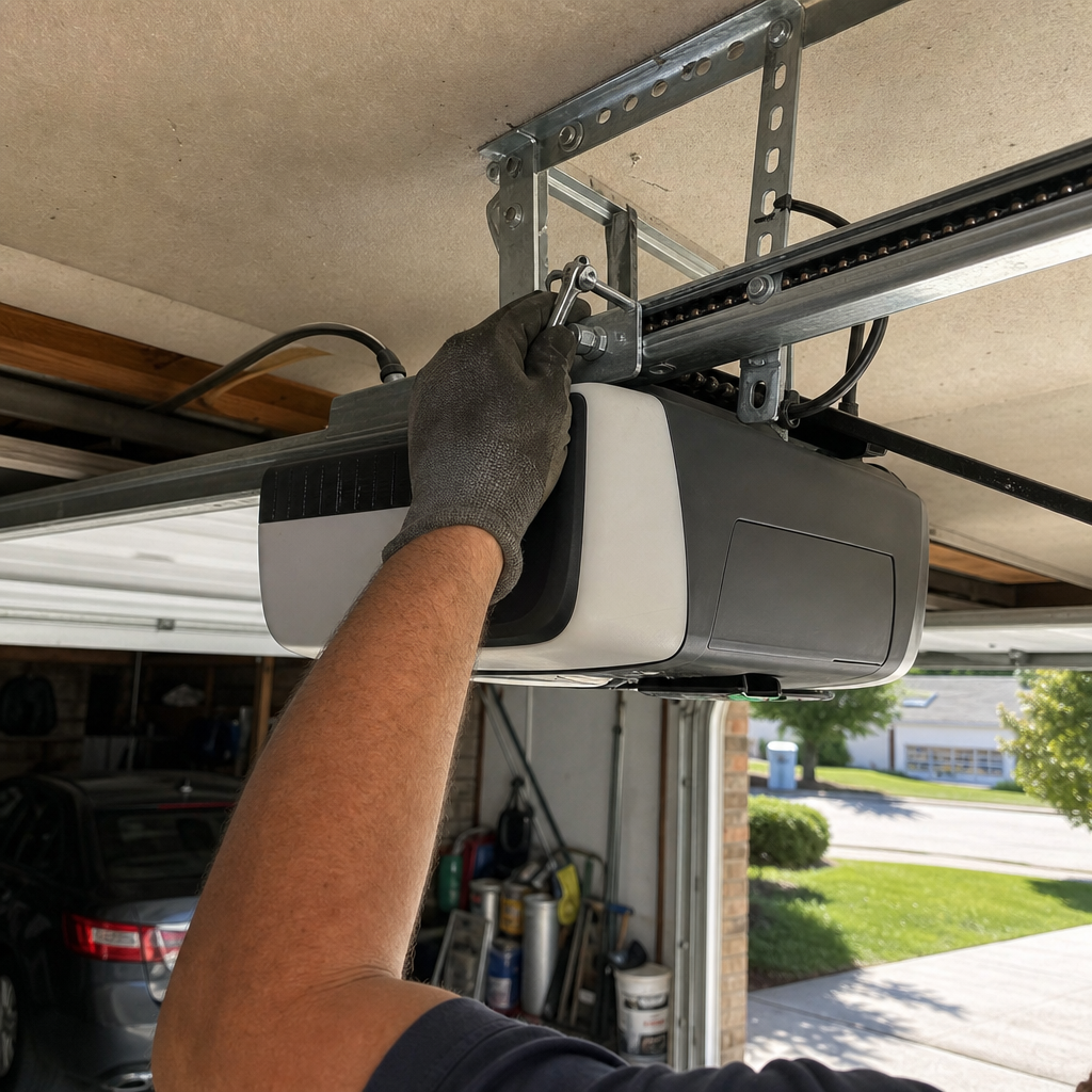 Technician performing maintenance on a garage door opener motor