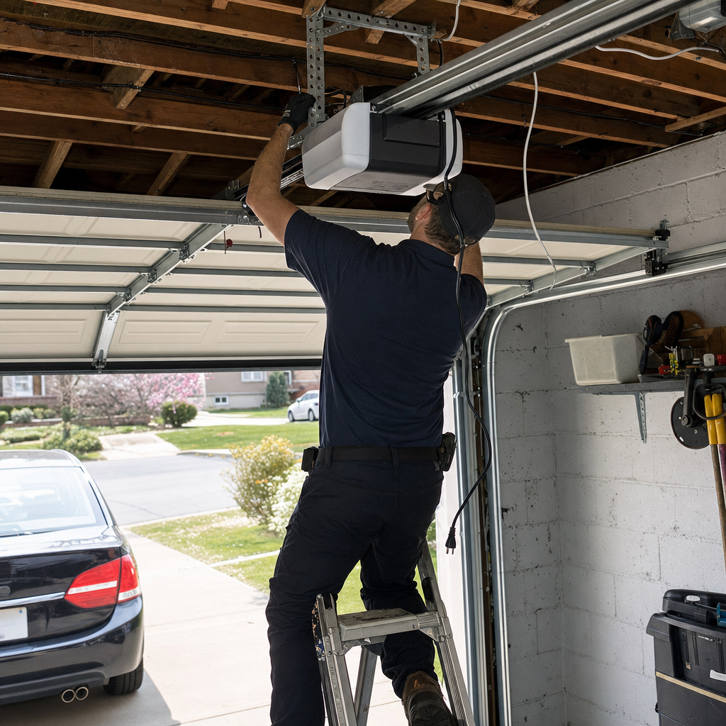 Technician installing a garage door opener on a ladder in a garage