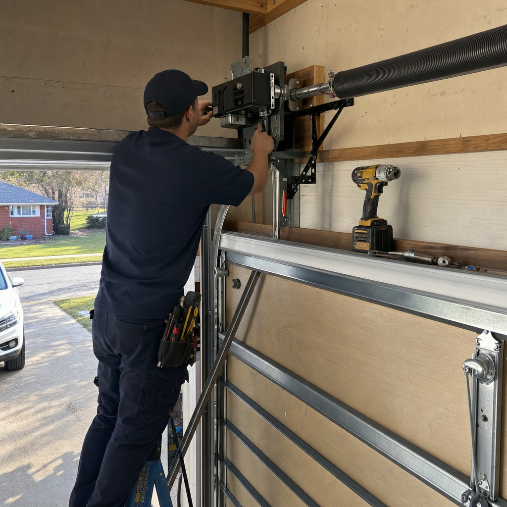Technician performing professional garage door opener installation and maintenance