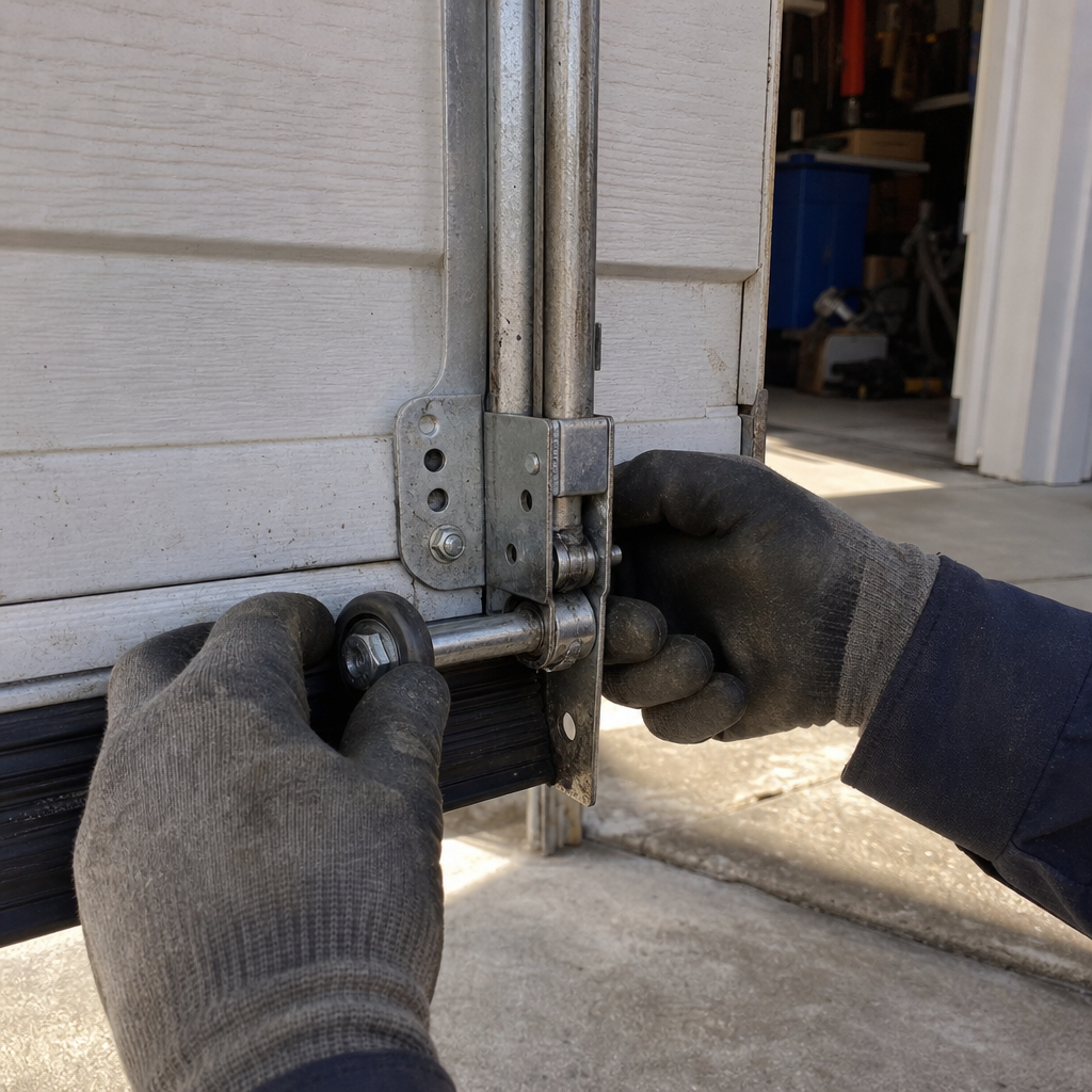 Technician performing professional garage door roller repair and maintenance. in Maryland, MD