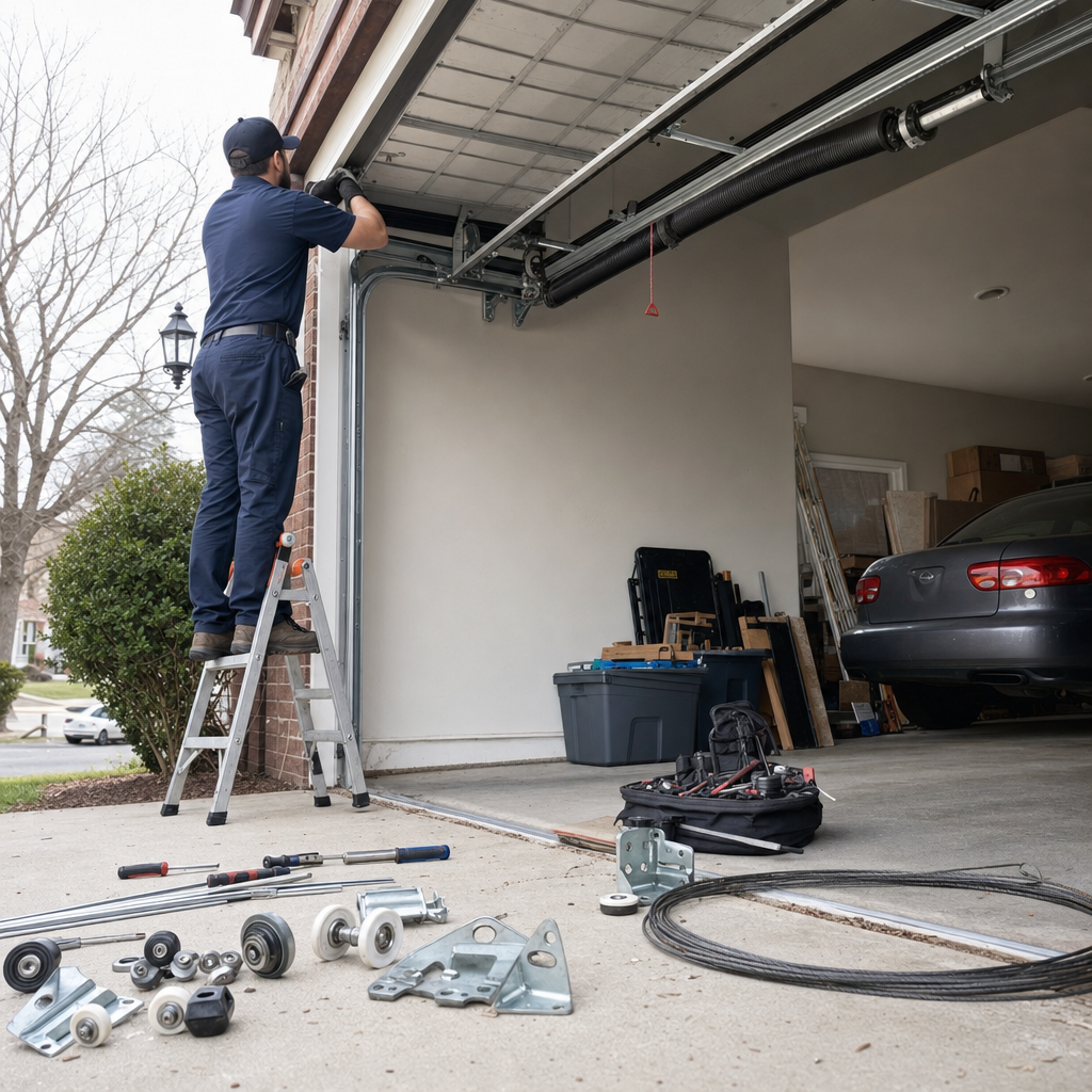 Technician performing professional garage door repair with parts and tools. in Maryland, MD