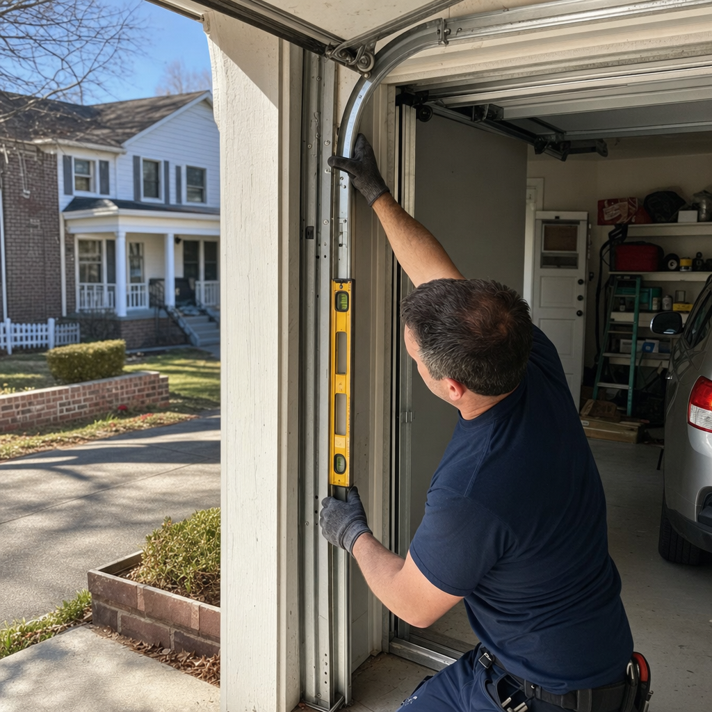 Technician using a level to align a garage door track.