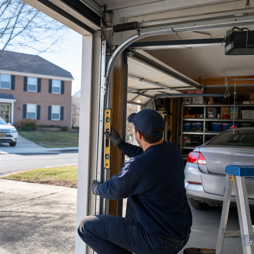 Technician checking vertical alignment of a residential garage door track