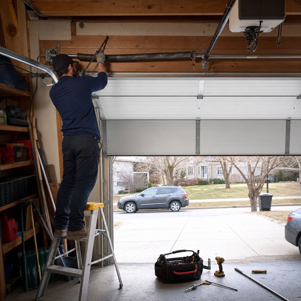 Professional technician performing garage door spring repair